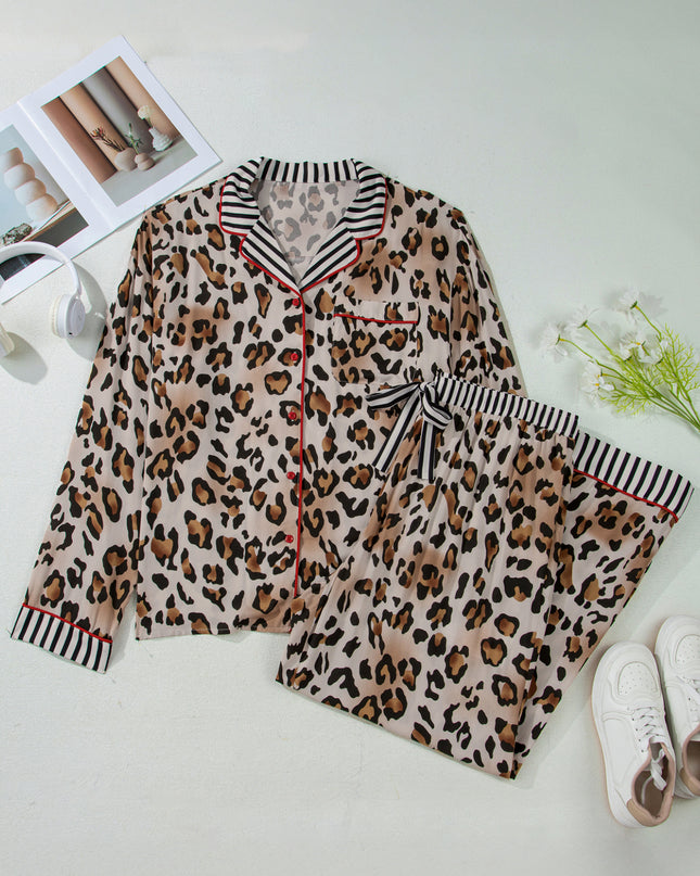 Khaki Plus Leopard Print Contrast Piping Striped Patchwork 2pcs Long Pajama Set