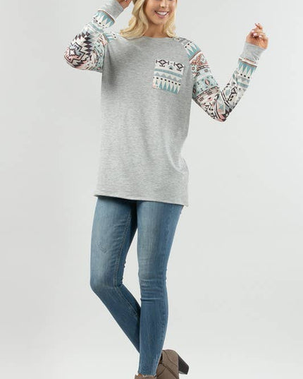 KC013B-SIMONE AZTEC PRINT COLOR BLOCK RAGLAN TOP