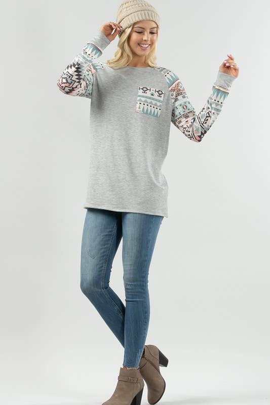 KC013B-SIMONE AZTEC PRINT COLOR BLOCK RAGLAN TOP