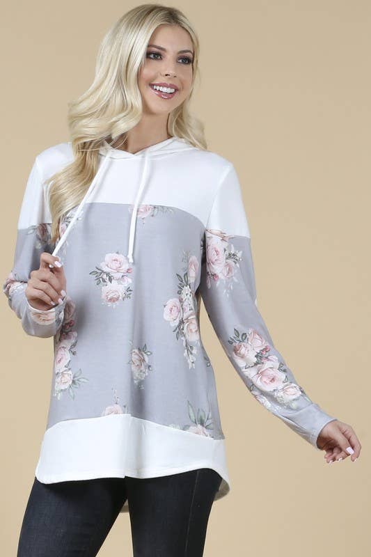 X167-DANA FLORAL PRINT COLOR BLOCK HACCI HOODIE