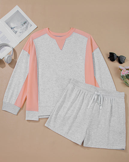 Light Grey Uneven Hem Colorblock Pullover Casual Shorts Plus Size 2pcs Outfit
