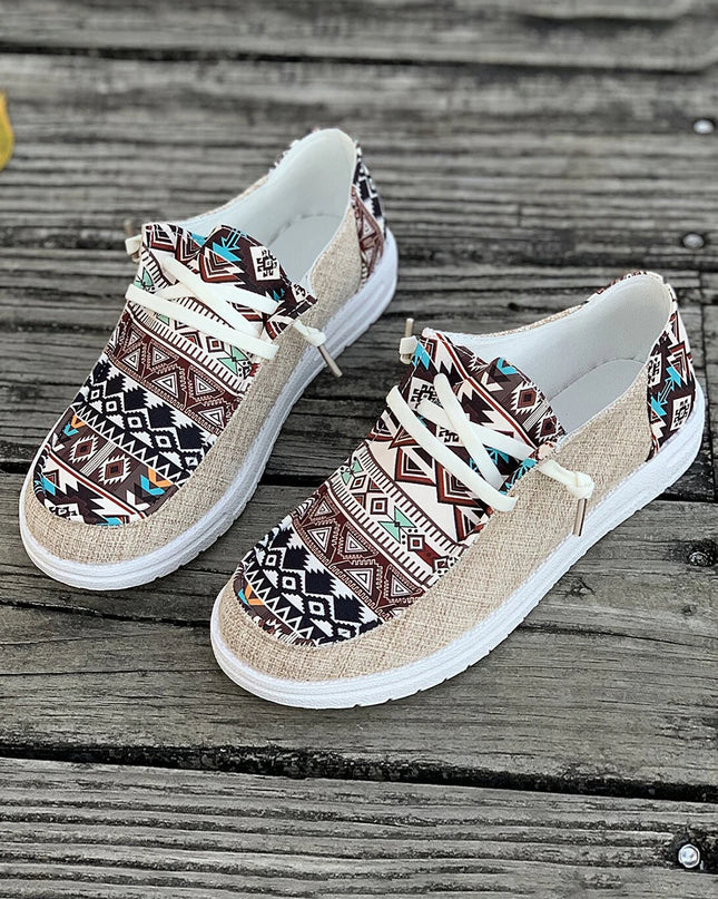 Vintage Aztec Patchwork Lace-up Decor Flat Shoes