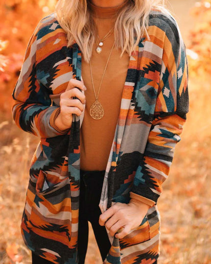 Orange Western Tribal Aztec Print Cardigan