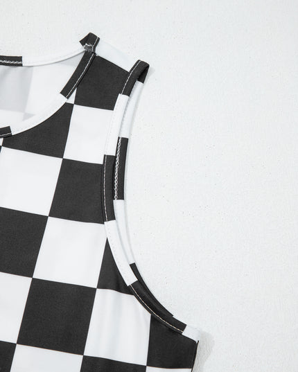 Black Checkerboard Printed Slim Tank Top