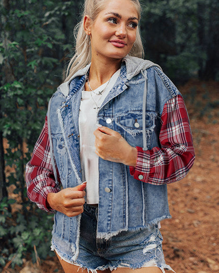 Beau Blue Plaid Print Patchwork Hooded Raw Hem Denim Jacket
