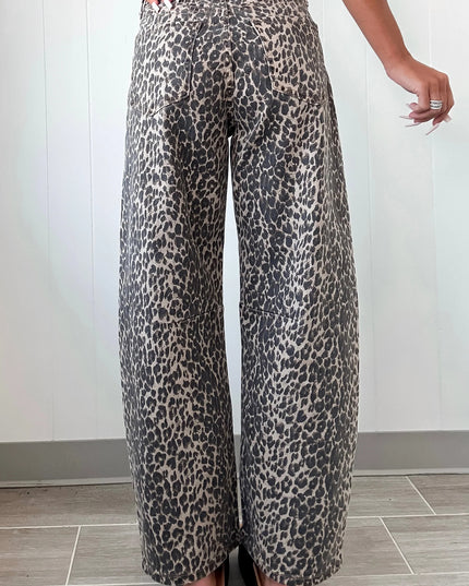Black Leopard Print High Waist Barrel Jeans