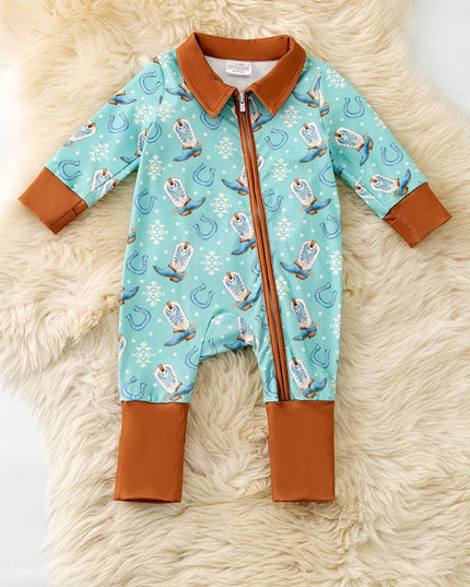 Aqua western printed baby bodysuit w/ hand & foodie fold over. RPB60455 SOL