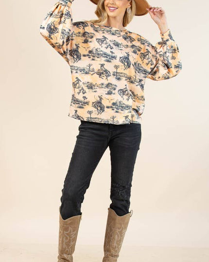 AV1171-JADEN WESTERN BUCKING HORSES PRINT SWEATSHIRT