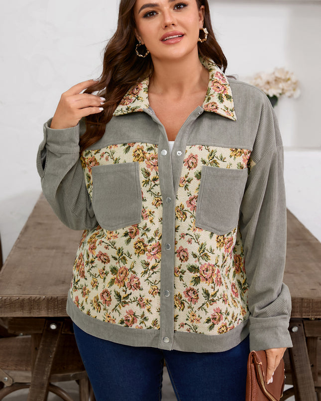 Medium Grey Corduroy Floral Patchwork Vintage Jacket