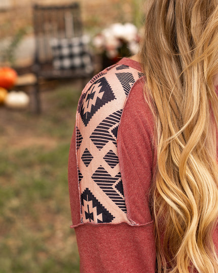 Redwood Burl Aztec Patchwork Drop Shoulder Plus Size High Low Sweatshirt