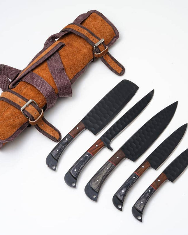 Hand-Forged 5-Piece Kitchen Knife Set | Hammered Black Carbon Steel | Pakkawood & Black WalnutHandles