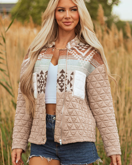 Light French Beige Aztec Quilted Patchwork Western Fashion Jacket