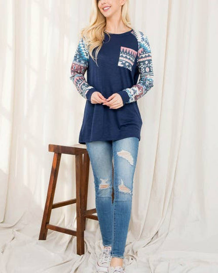 KC013B-SIMONE AZTEC PRINT COLOR BLOCK RAGLAN TOP