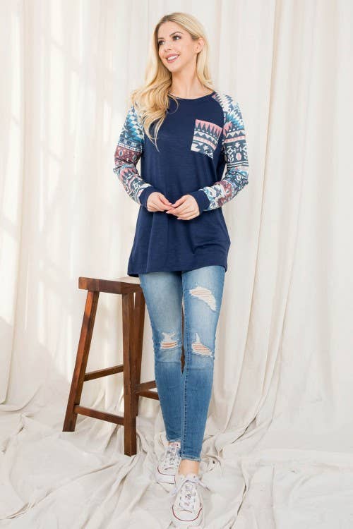 KC013B-SIMONE AZTEC PRINT COLOR BLOCK RAGLAN TOP