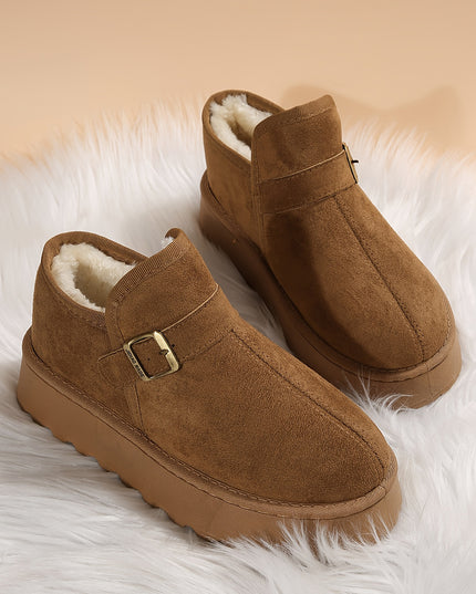 Coffee Buckle Detail Round Toe Platform Cozy Winter Boots