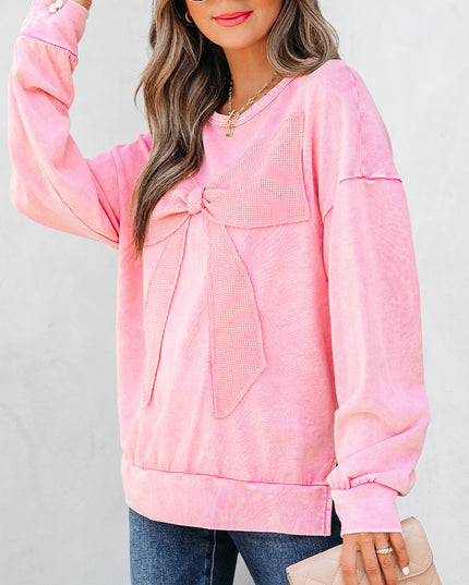 Light French Beige Mineral Wash Big Bow Patchwork Pullover Sweatshirt