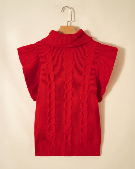 Tomato Red Cable Knit Turtleneck Ruffled Short Sleeve Sweater