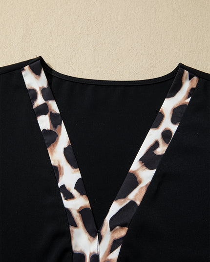 Black Plus Size Leopard Patchwork V Neck 3/4 Sleeve Ruffle Hem Mini Dress