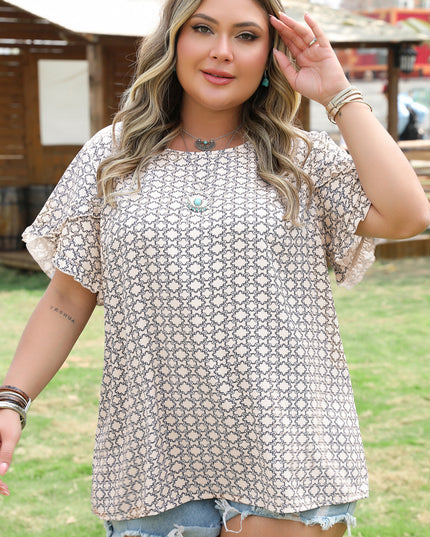 Khaki Plus Size Geometric Print Ruffled Sleeve Blouse