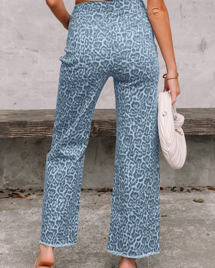 Rose Leopard Frayed Edge Wide Leg High Waist Jeans