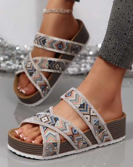 Color black Tribal Geometric Rhinestone Embellished Strappy Hollowed Platform Slippers