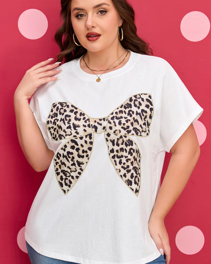 White Plus Size Leopard Bow Embroidered Patch Casual T Shirt