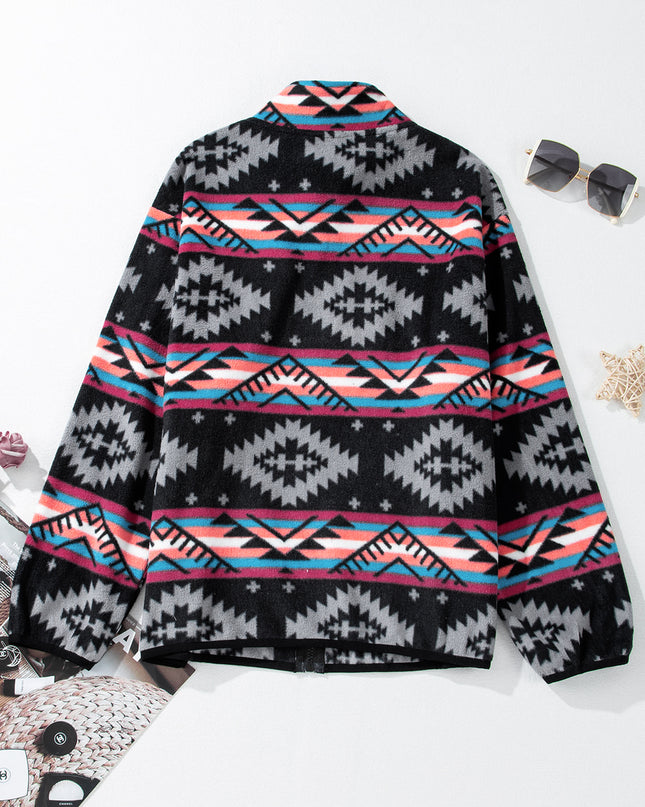 Black Aztec Printed Zip Up Collar Jacket