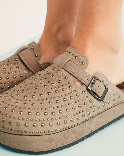 Parchment Rivet Buckle Closed Toe Platform Slippers