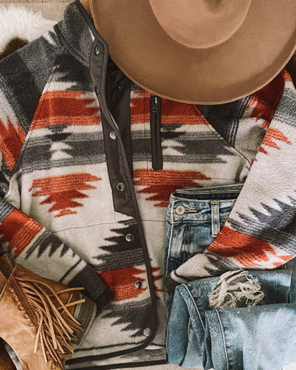 Gray Western Aztec Snap Buttoned Fleece Jacket