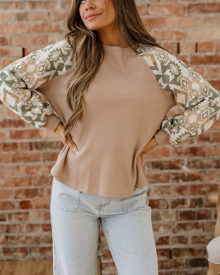 Smoke Gray Waffle Aztec Patchwork Raglan Sleeve Knit Top