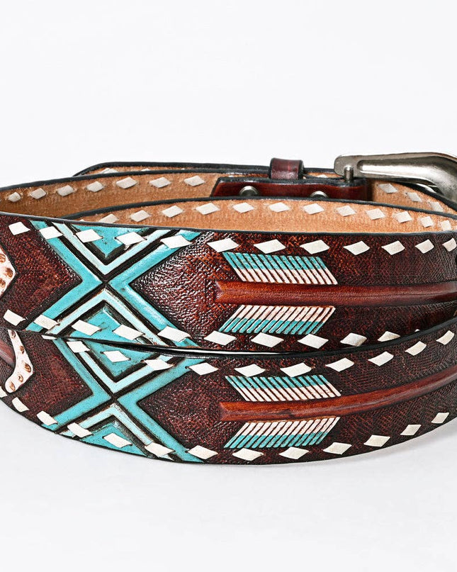 LC-ADBLF104 Hand-Tooled Arrow & Tribal Pattern Western Leather Belt with Engraved Buckle