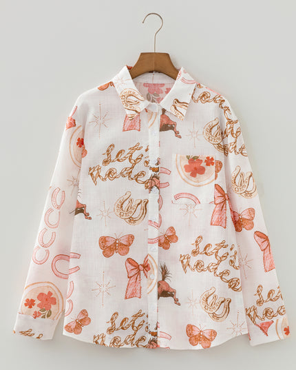 White Rodeo Cowgirl Print Western Button up Shirt
