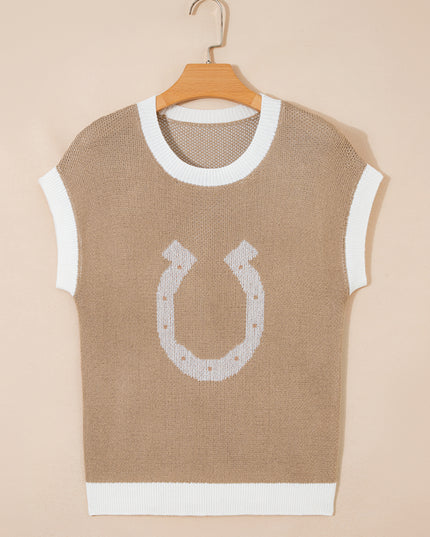 Goat Horse Shoe Pattern Contrast Trim Short Sleeve Sweater