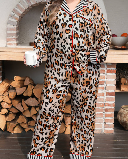 Khaki Plus Leopard Print Contrast Piping Striped Patchwork 2pcs Long Pajama Set