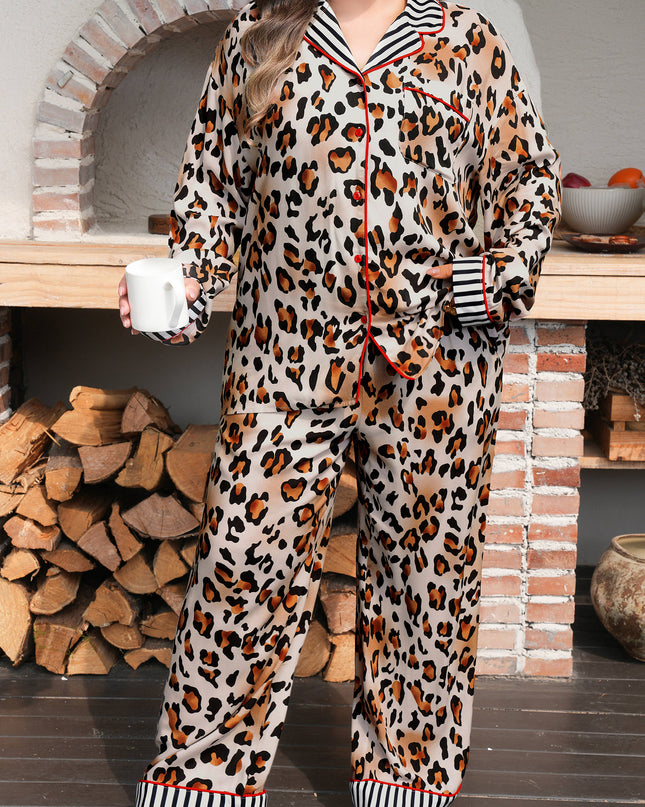 Khaki Plus Leopard Print Contrast Piping Striped Patchwork 2pcs Long Pajama Set