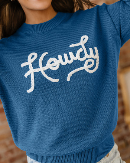 Dusk Blue Howdy Embroidered Graphic Western Sweater