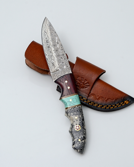 Titan "Cobra" Hand-Forged Damascus Steel Hunting Knife with Turquoise & Honeycomb Handle