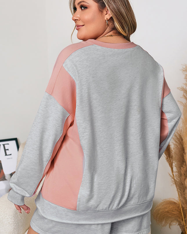 Light Grey Uneven Hem Colorblock Pullover Casual Shorts Plus Size 2pcs Outfit
