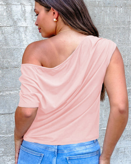 Black Plus Size Solid Color Asymmetric Neck Short Sleeve Blouse