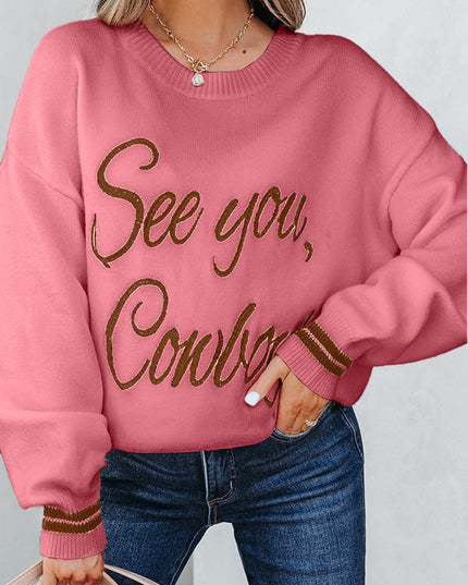 Peach Blossom See You Cowboy Embroidered Western Graphic Sweater