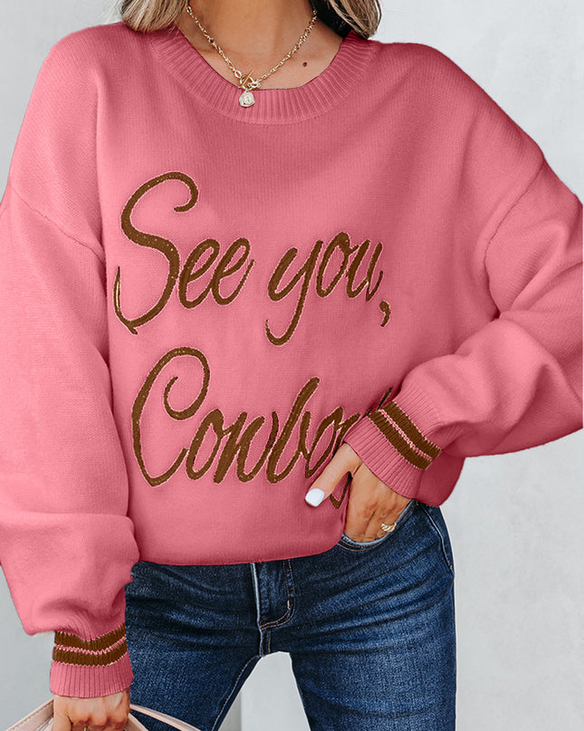 Peach Blossom See You Cowboy Embroidered Western Graphic Sweater