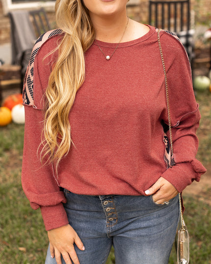 Redwood Burl Aztec Patchwork Drop Shoulder Plus Size High Low Sweatshirt