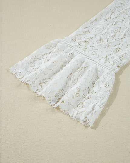 White Tie V Neck Lace Ruffle Detail Long Sleeve Blouse