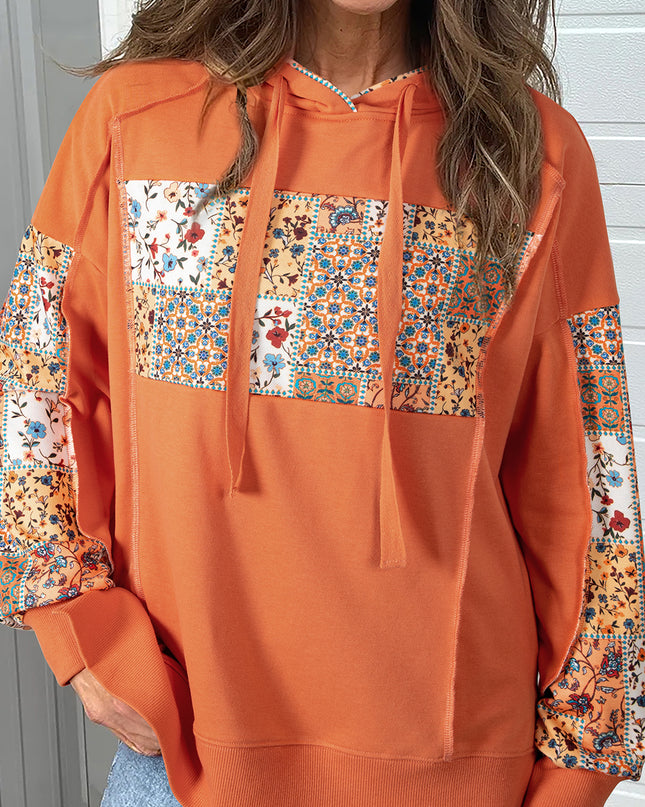 Flamingo Mix Floral Patchwork Side Slit Drawstring Hoodie