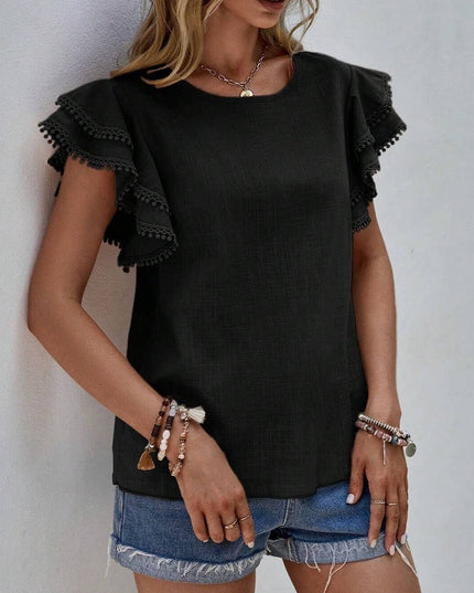 Crewneck Loose Lace Ruffle Short-Sleeved T-Shirt Top