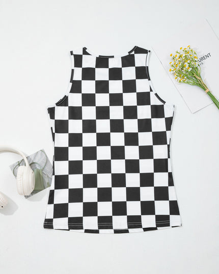 Black Checkerboard Printed Slim Tank Top