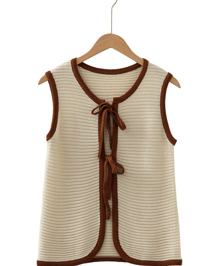 White Horizontal Ribbed Knit Contrast Trim Ties Front Sweater Vest