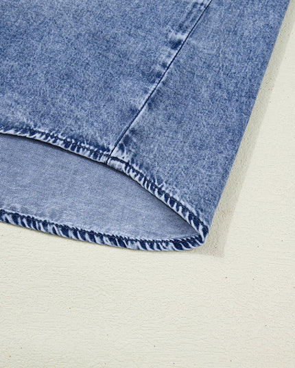 Dusk Blue Vintage Wash Denim Ruffle Detail Button Down Shirt