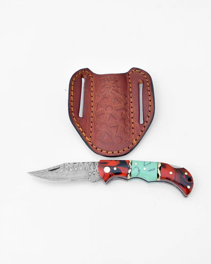 Damascus steel pocket knife Limited Run Red & Blue Resin TF-050