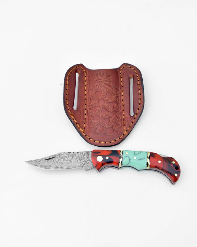 Damascus steel pocket knife Limited Run Red & Blue Resin TF-050